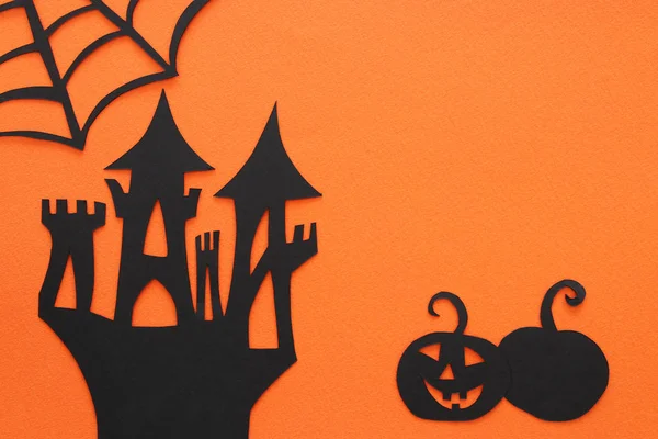 Концепция Праздника Хэллоуина Дом Ведьм Привидениями Оранжевом Фоне Вид Сверху — стоковое фото