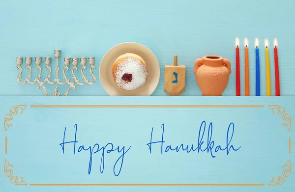 Bovenaanzicht Beeld Van Joodse Vakantie Hanukkah Achtergrond Met Traditionele Spinnig — Stockfoto