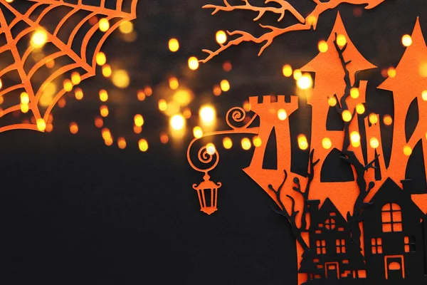 Концепция Праздника Хэллоуина Дом Ведьм Привидениями Чёрном Фоне Вид Сверху — стоковое фото