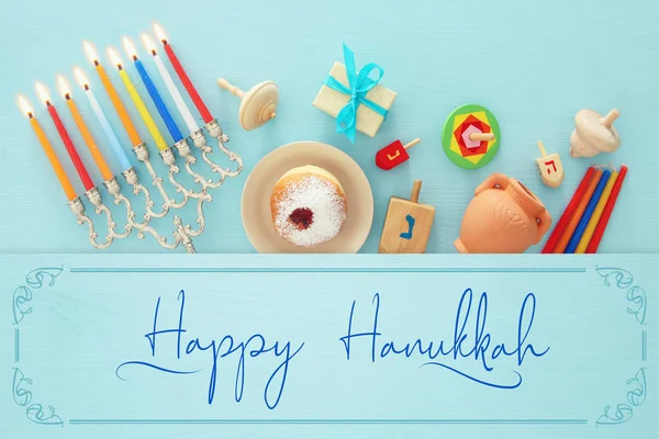 Bovenaanzicht Beeld Van Joodse Vakantie Hanukkah Achtergrond Met Traditionele Spinnig — Stockfoto