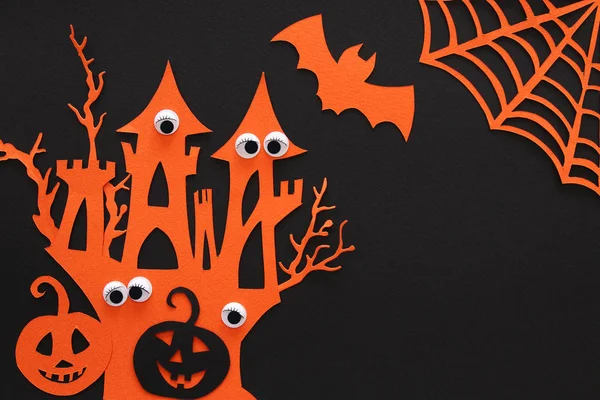 Halloween Wakacje Koncepcja Nawiedzony Dom Czarownicy Czarnym Tle Widok Góry — Zdjęcie stockowe