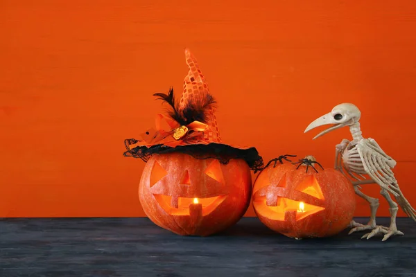 Concept Van Halloween Vakantie Pompoenen Houten Tafel — Stockfoto