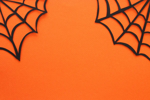 Concepto Halloween Telarañas Sobre Fondo Naranja Vista Superior Plano — Foto de Stock