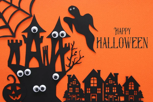 Halloween Holiday Concept Haunted Witch House Orange Background Top View — Stock Photo, Image