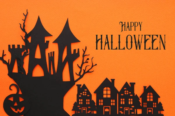 Concepto Halloween Casa Embrujada Brujas Sobre Fondo Naranja Vista Superior —  Fotos de Stock