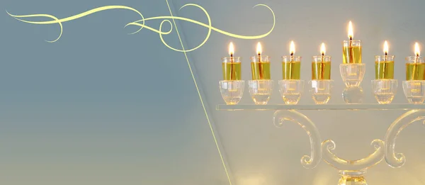 Image Jewish Holiday Hanukkah Background Crystal Menorah Traditional Candelabra Candles — Stock Photo, Image