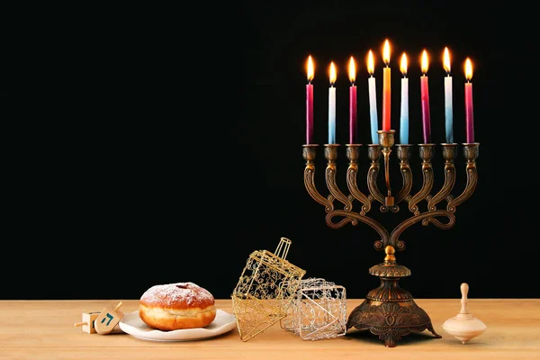 Imagem Férias Judaicas Hanukkah Fundo Com Menorah Candelabro Tradicional Velas — Fotografia de Stock