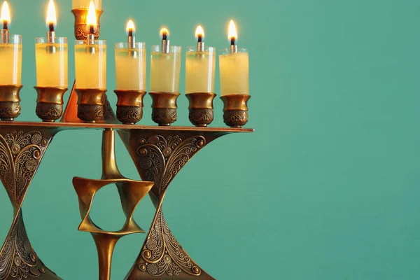 Imagem Férias Judaicas Hanukkah Fundo Com Menorah Candelabro Tradicional Velas — Fotografia de Stock