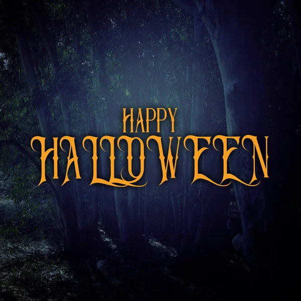 Halloween Misterioso Sfondo Foresta Oscura Infestata Con Testo — Foto Stock