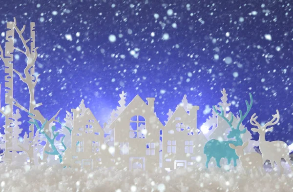 Чарівний Різдвяний Папір Вирізав Зимовий Пейзаж Будинками Деревами Оленями Снігом — стокове фото