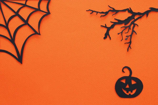Concept Van Halloween Vakantie Spinnenweb Oranje Achtergrond Bovenaanzicht Plat Lag — Stockfoto