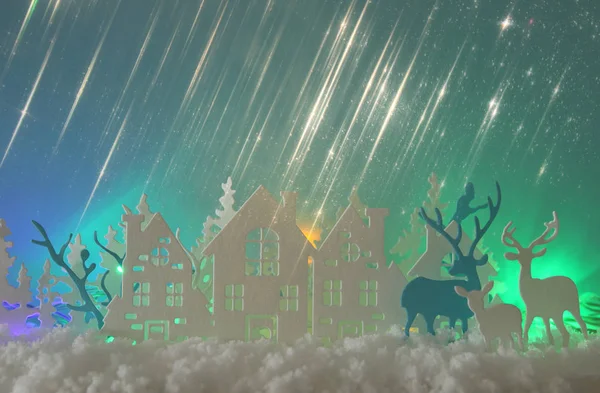 Kouzelné Vánoční Papír Řez Zimní Pozadí Krajina Domy Stromy Jelen — Stock fotografie