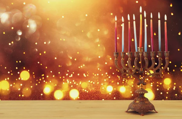 Зображення Єврейського Свята Ханука Менорою Традиційні Канделябри Свічками Блискучому Блискучому — стокове фото