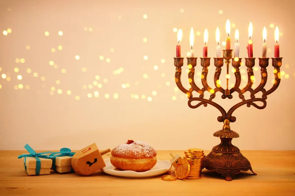Image Jewish Holiday Hanukkah Background Traditional Spinnig Top Menorah Traditional — Stock Photo, Image