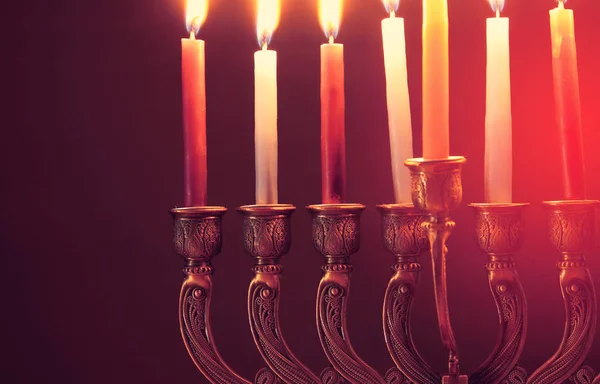 Imagem Férias Judaicas Hanukkah Fundo Com Menorah Candelabro Tradicional Velas — Fotografia de Stock