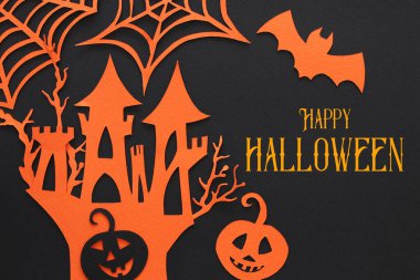 Cadılar Bayramı tatil kavramı. siyah arka plan üzerinde cadı ev perili. Üstten görünüm, düz yatıyordu