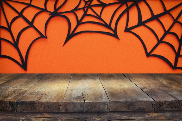 Halloween Holiday Concept Empty Rustic Table Front Spider Webs Orange Stock Photo