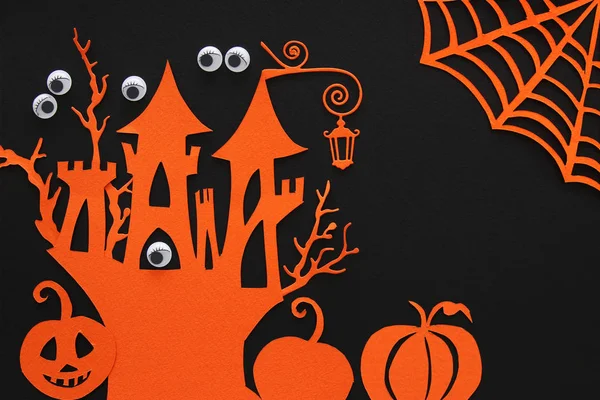 Concetto Festa Halloween Casa Strega Infestata Sfondo Nero Vista Dall — Foto Stock