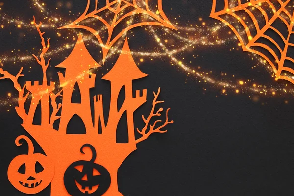 Conceito Férias Halloween Casa Bruxas Assombrada Sobre Fundo Preto Vista — Fotografia de Stock