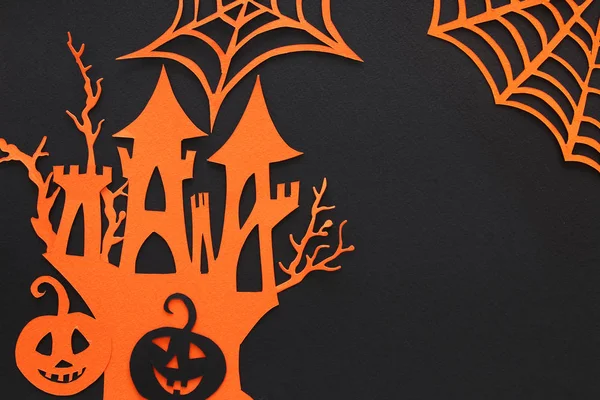 Halloween Ünnep Fogalma Haunted House Boszorkány Felett Fekete Háttér Felülnézet — Stock Fotó