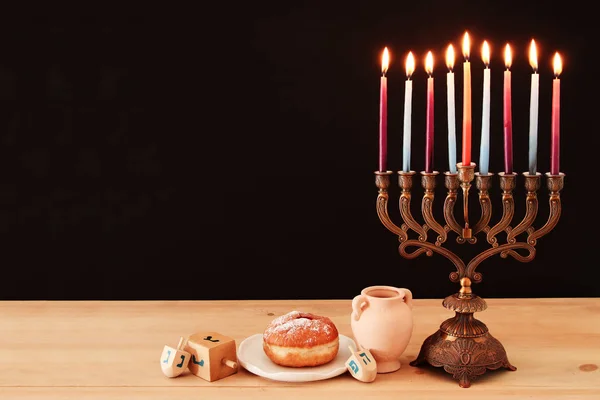 Image of jewish holiday Hanukkah background with menorah (traditional candelabra) and burning candles. — Stock Photo, Image