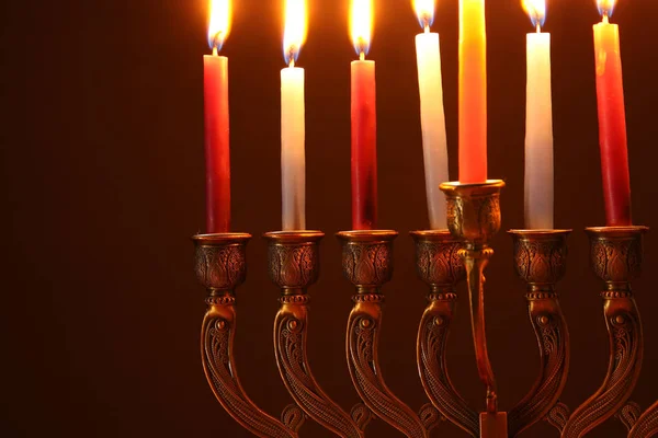 Imagen Vacaciones Judías Fondo Hanukkah Con Menorah Candelabros Tradicionales Velas — Foto de Stock