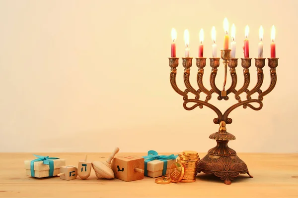 Afbeelding Van Joodse Vakantie Hanukkah Achtergrond Met Traditionele Spinnig Top — Stockfoto