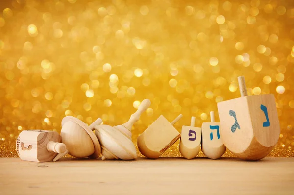 Banner Judiska Högtiden Hanukkah Med Trä Dreidels Spinning Top Över — Stockfoto