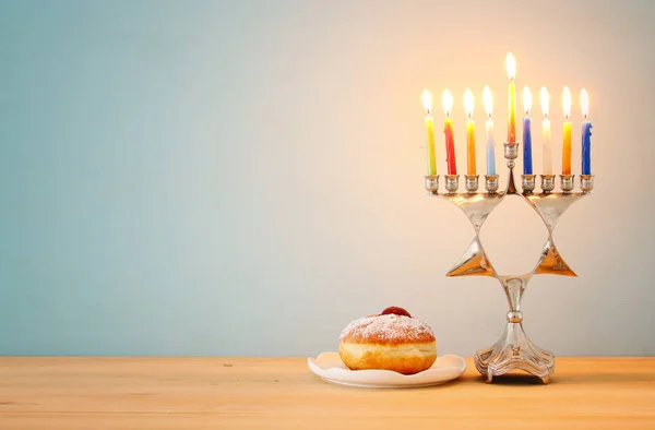 Image of jewish holiday Hanukkah background with traditional menorah (traditional candelabra) and burning candles. — Stock Photo, Image