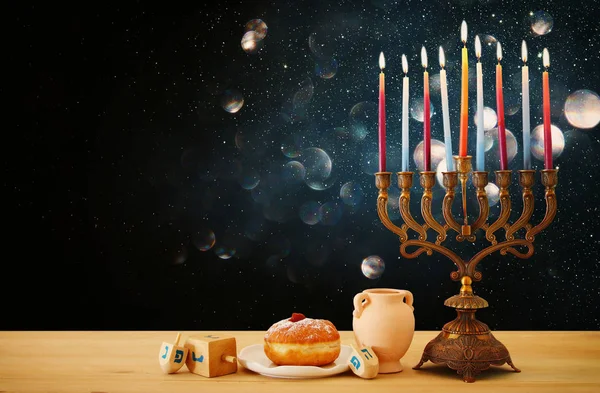 Изображение Еврейского Праздника Ханука Фон Менорой Традиционные Канделябры Свечи Блестящем — стоковое фото
