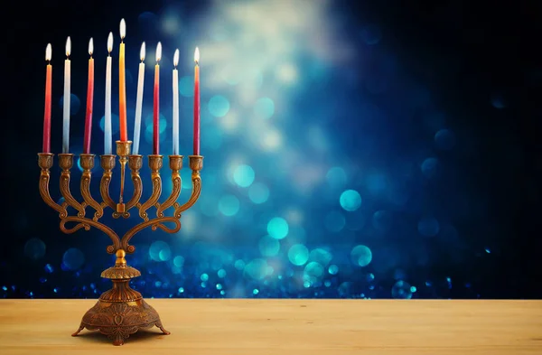 Imagen Vacaciones Judías Fondo Hanukkah Con Menorah Candelabros Tradicionales Velas —  Fotos de Stock