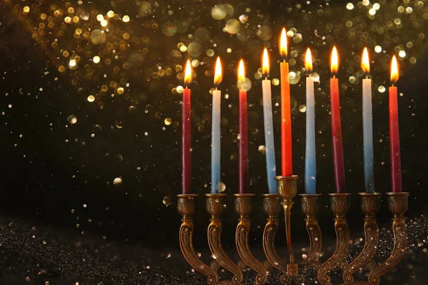 Imagen Vacaciones Judías Fondo Hanukkah Con Menorah Candelabros Tradicionales Velas —  Fotos de Stock