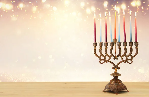 Yahudi Tatil Hanukkah Menorah Geleneksel Mumluk Mumlar Glitter Parlak Arka — Stok fotoğraf