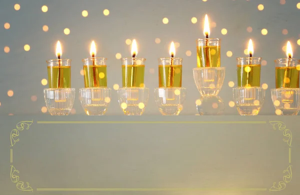 Image Jewish Holiday Hanukkah Background Crystal Menorah Traditional Candelabra Candles — Stock Photo, Image