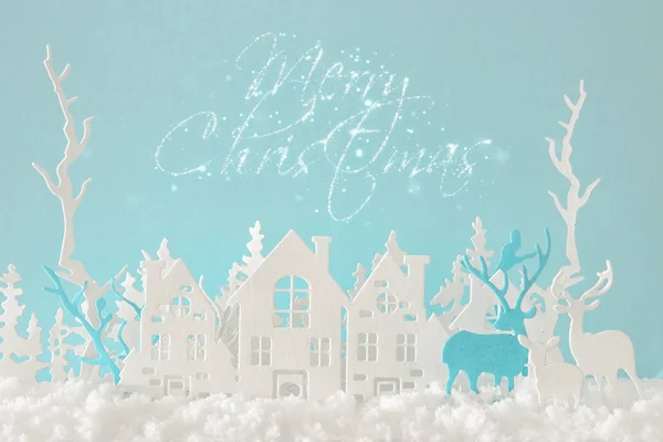 Magical Christmas Paper Cut Winter Background Landscape Houses Trees Deer — Stock Photo, Image