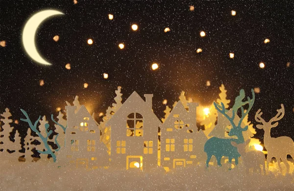 Magische Kerst Papier Gesneden Winter Achtergrond Landschap Met Huizen Bomen — Stockfoto