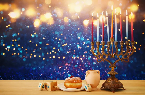Image Jewish Holiday Hanukkah Background Menorah Traditional Candelabra Candles Glitter — Stock Photo, Image