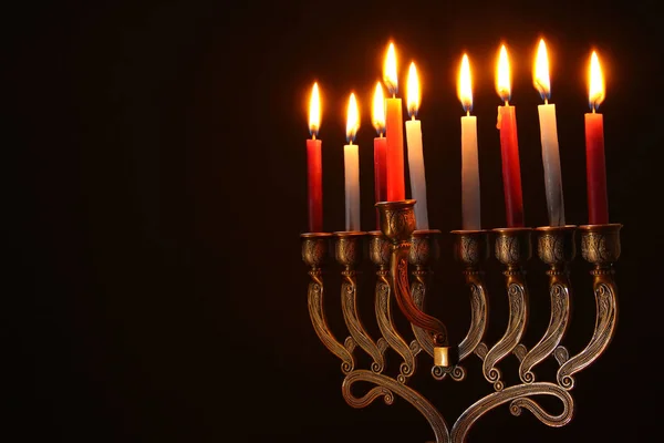 Imagen Vacaciones Judías Fondo Hanukkah Con Menorah Candelabros Tradicionales Velas —  Fotos de Stock