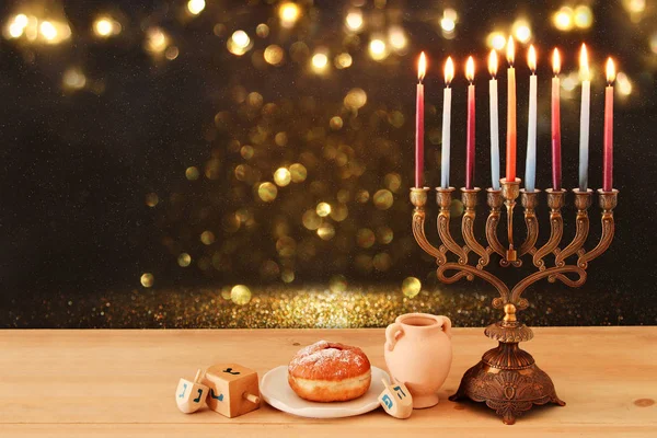 Yahudi Tatil Hanukkah Menorah Geleneksel Mumluk Yanan Mumlar Arka Plan — Stok fotoğraf