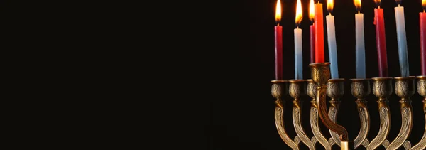 Bilden Judiska Högtiden Hanukkah Bakgrund Med Menorah Traditionella Kandelabrar Och — Stockfoto