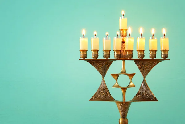 Imagem Férias Judaicas Hanukkah Fundo Com Menorah Candelabro Tradicional Velas — Fotografia de Stock