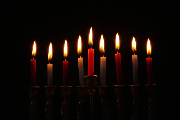 Image of jewish holiday Hanukkah background with menorah (traditional candelabra) and candles. — Stock Photo, Image