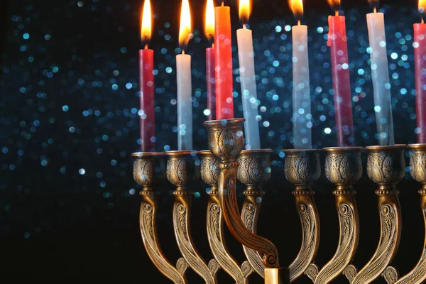 Imagen Vacaciones Judías Fondo Hanukkah Con Menorah Candelabros Tradicionales Velas —  Fotos de Stock