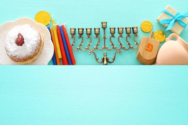 Top View Bild Judiska Högtiden Hanukkah Bakgrund Med Traditionella Spinnig — Stockfoto