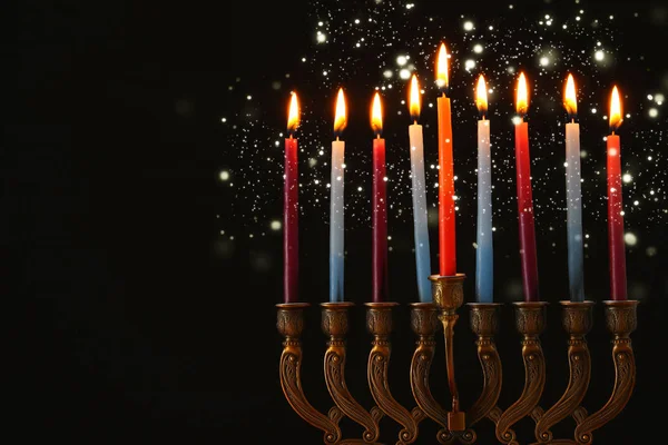 Imagem Férias Judaicas Hanukkah Fundo Com Menorah Candelabro Tradicional Velas — Fotografia de Stock