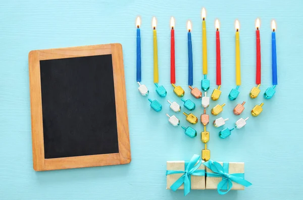 Bovenaanzicht Beeld Van Joodse Vakantie Hanukkah Achtergrond Met Traditionele Spinnig — Stockfoto