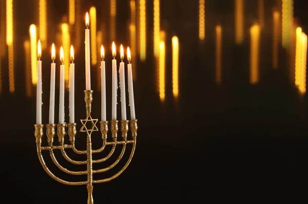 Εικόνα Της Εβραϊκής Διακοπές Hanukkah Φόντο Menorah Παραδοσιακό Μανουάλια Και — Φωτογραφία Αρχείου