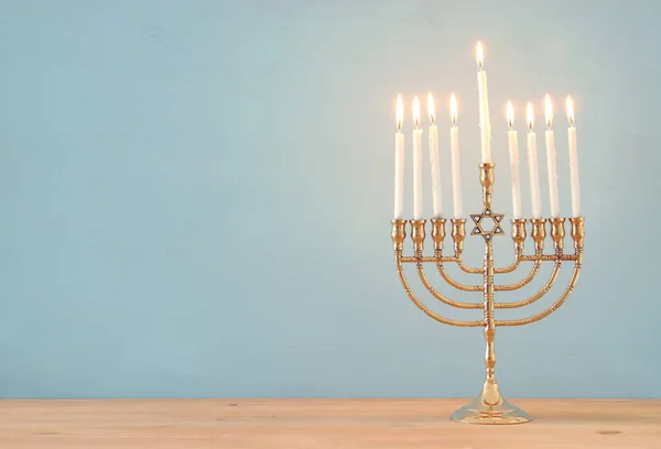 Image Jewish Holiday Hanukkah Background Menorah Traditional Candelabra Candles — Stock Photo, Image