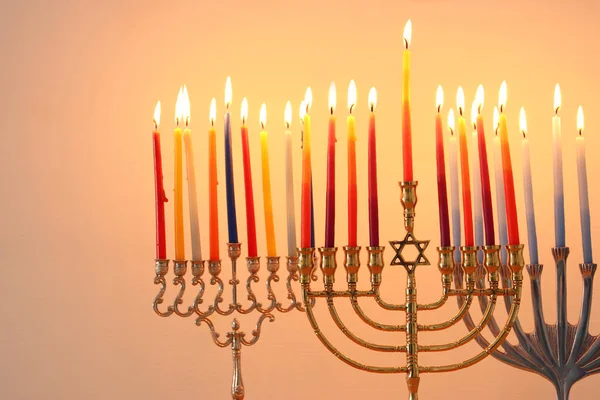 Image Jewish Holiday Hanukkah Background Menorah Traditional Candelabra Candles — Stock Photo, Image