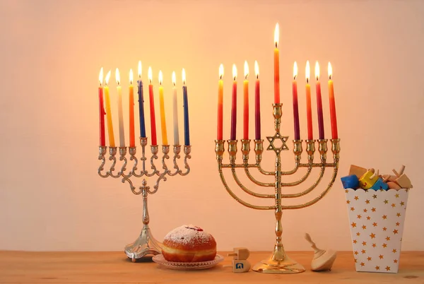 Εικόνα Της Εβραϊκής Διακοπές Hanukkah Φόντο Παραδοσιακή Spinnig Κορυφή Menorah — Φωτογραφία Αρχείου